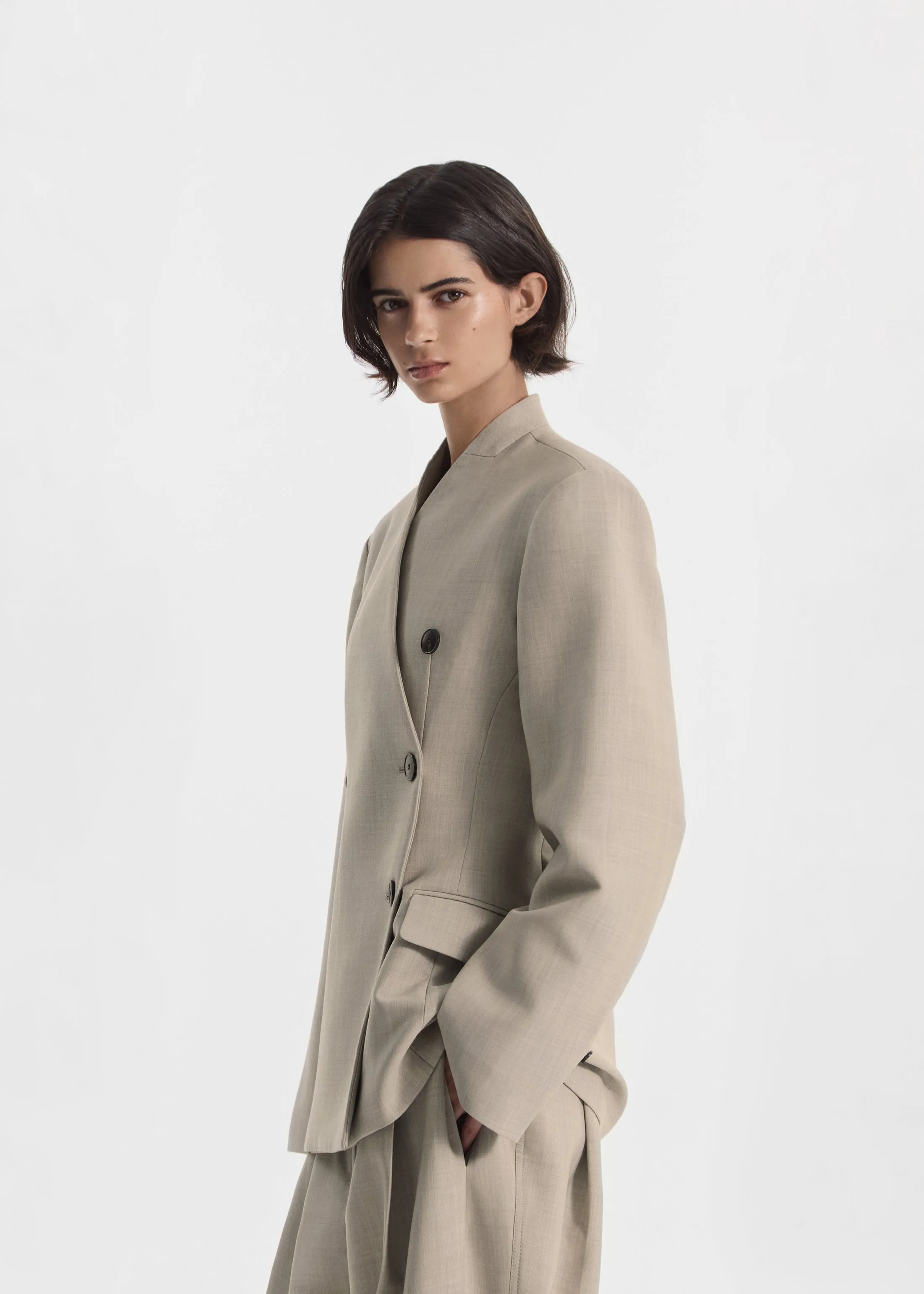 Double Breasted Collarless Blazer in Virgin Wool - Oatmeal Melange sold by CO product image thumbnail 4