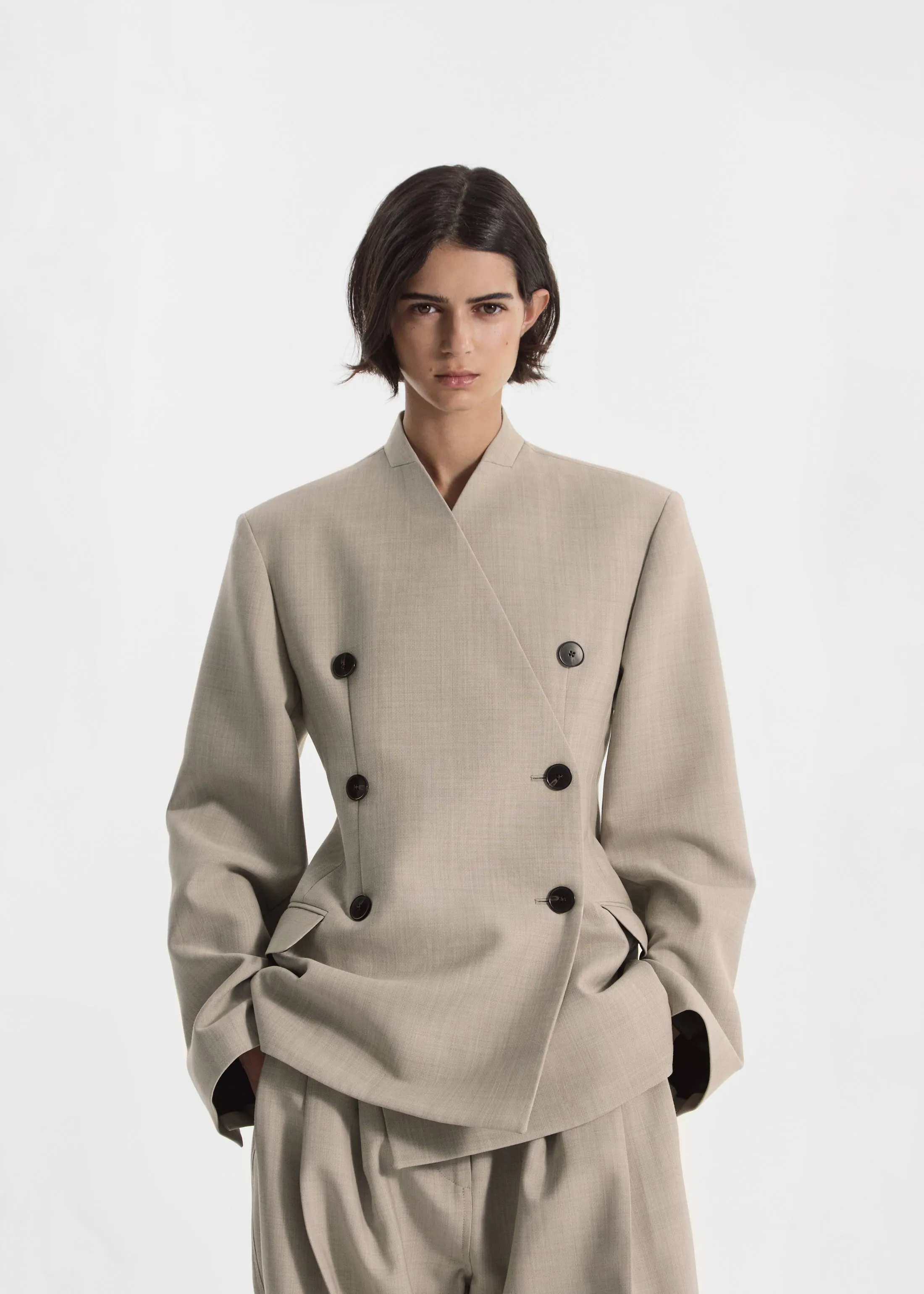 Double Breasted Collarless Blazer in Virgin Wool - Oatmeal Melange sold by CO