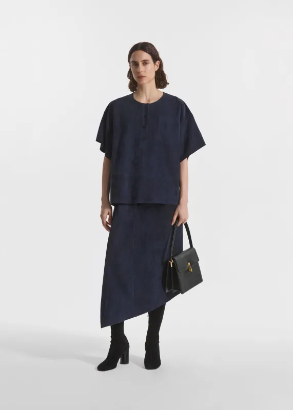 Scarf Pleat Skirt in Suede - Navy made by CO