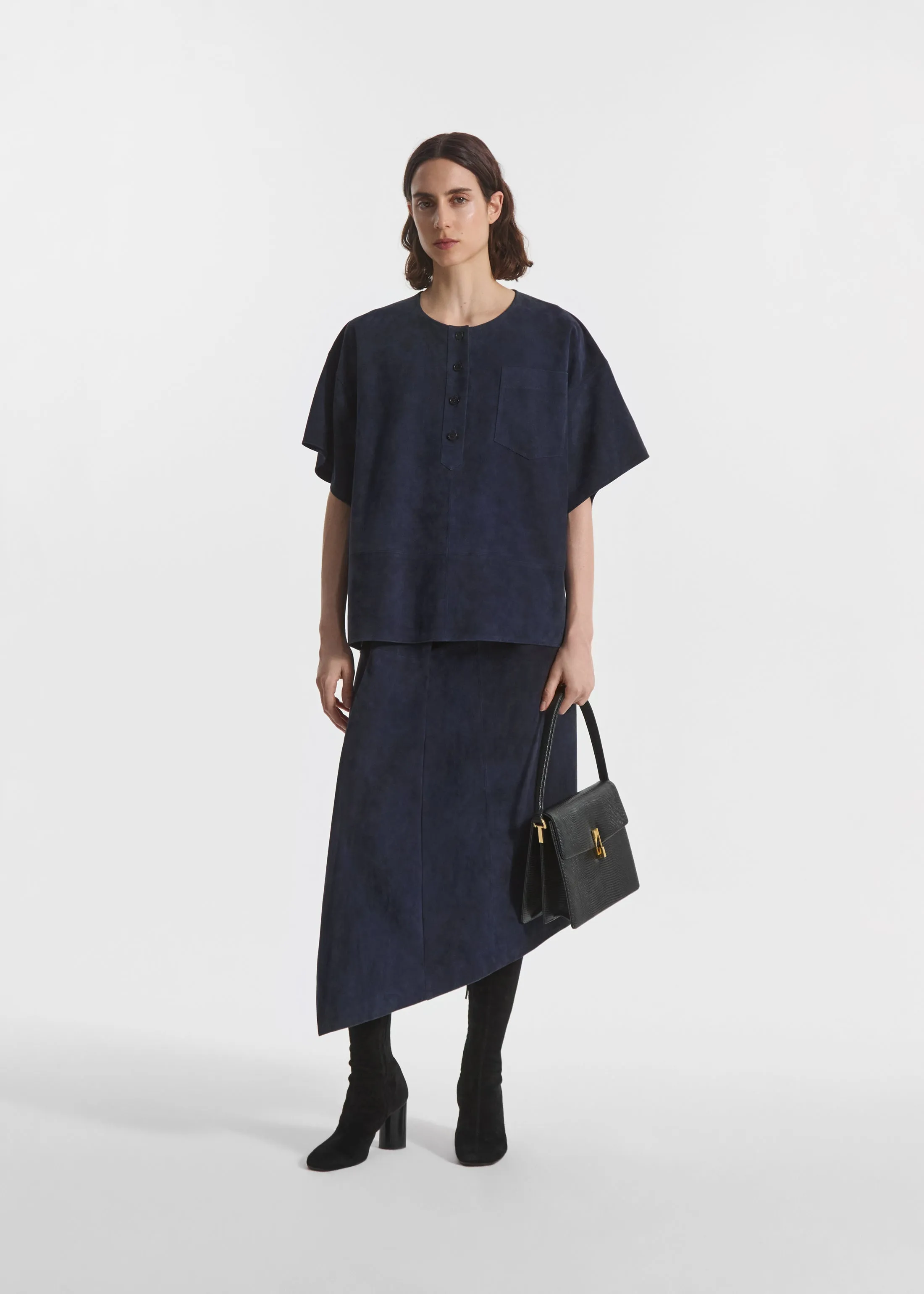 Scarf Pleat Skirt in Suede - Navy sold by CO