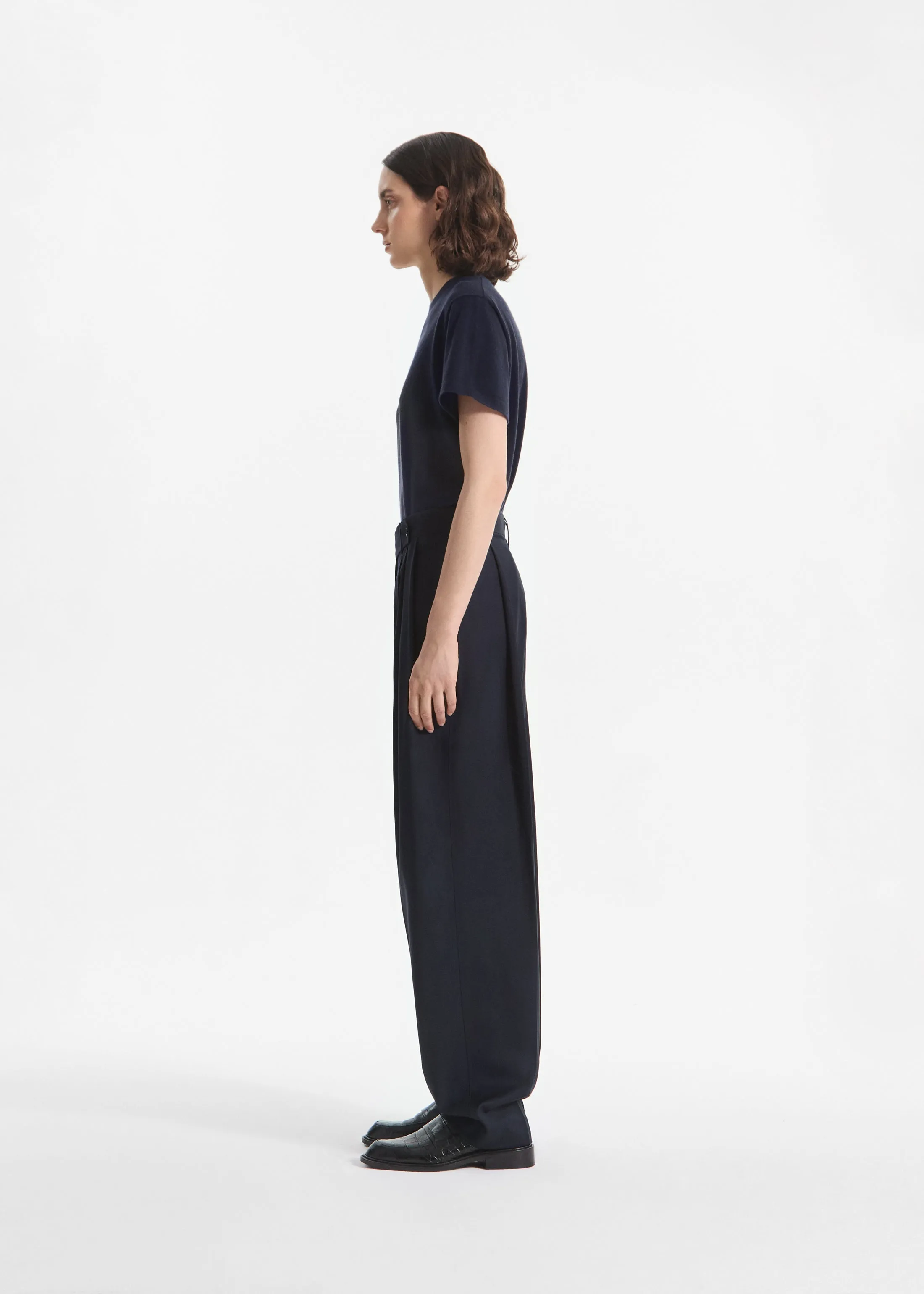Wide Leg Pleated Pant in Wool Blend - Navy sold by CO product image thumbnail 2