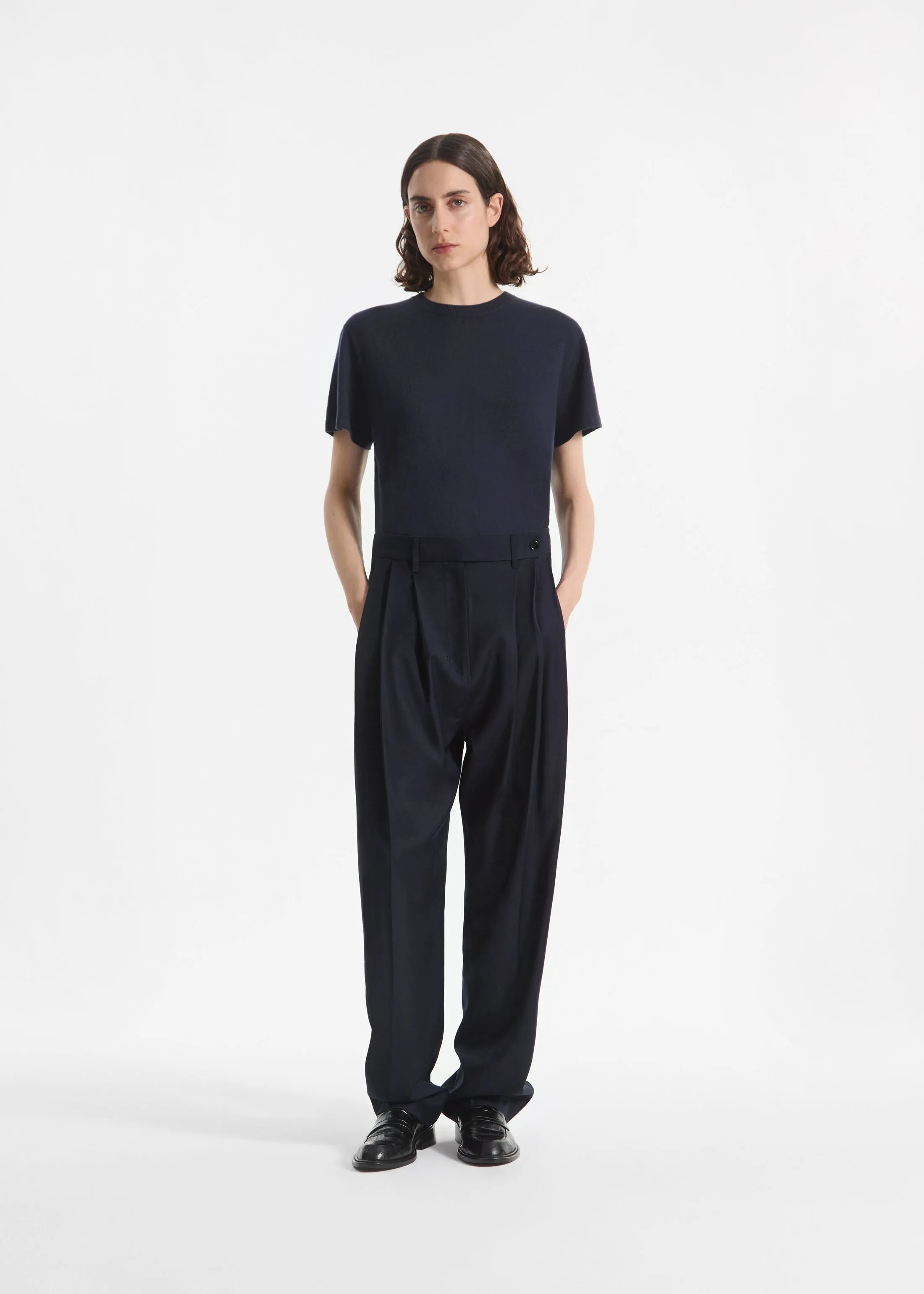Wide Leg Pleated Pant in Wool Blend - Navy sold by CO
