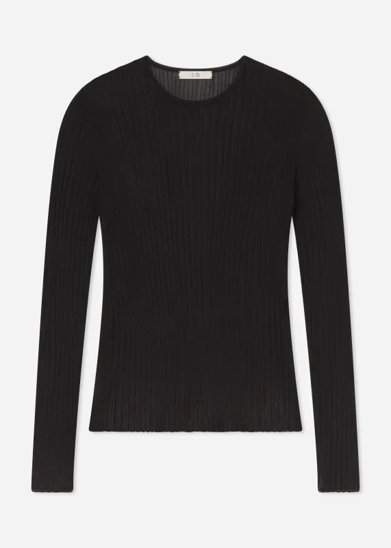 Sheer Rib Long Sleeve Crewneck in Viscose - Black made by CO