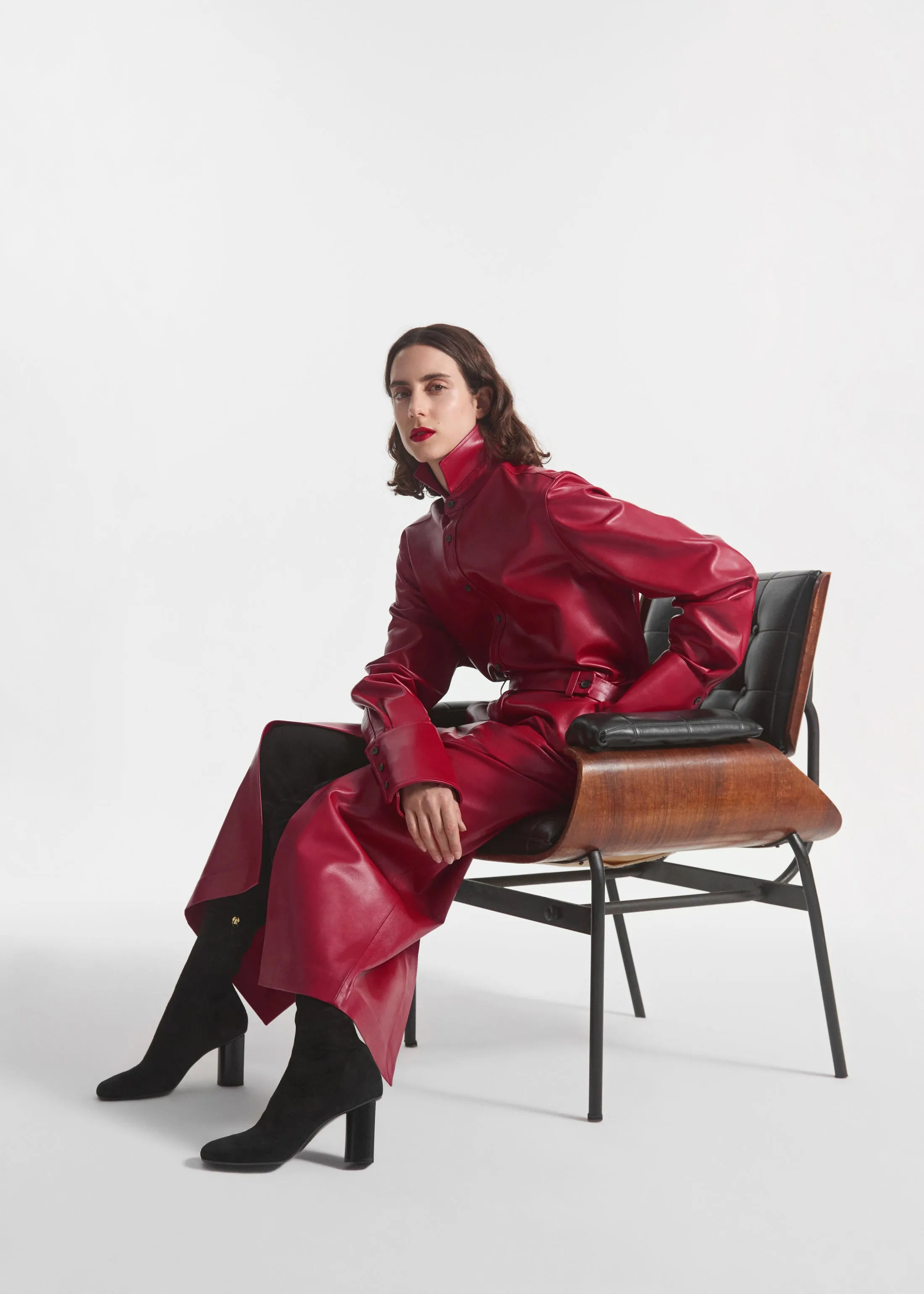 Tailored Front-Slit Midi Skirt in Leather - Cherry sold by CO product image thumbnail 4