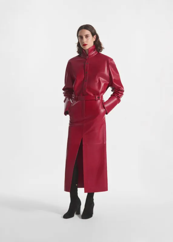 Tailored Front-Slit Midi Skirt in Leather - Cherry made by CO