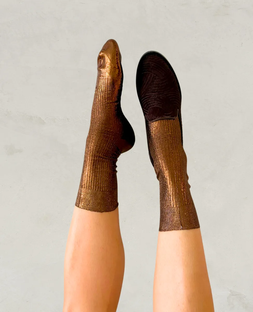 Maria La Rosa Brown Metallic Silk Socks sold by COCLICO