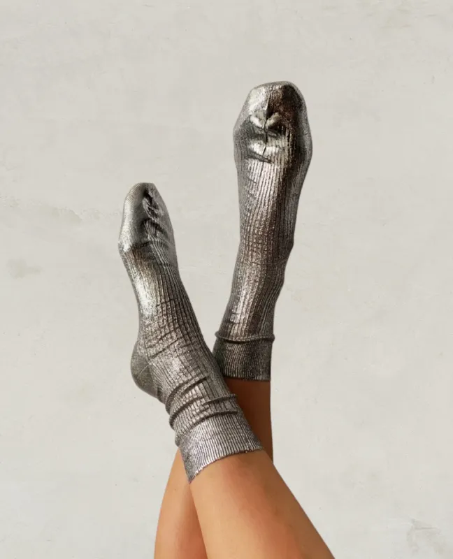 Maria La Rosa Silver Metallic Silk Socks made by Maria La Rosa
