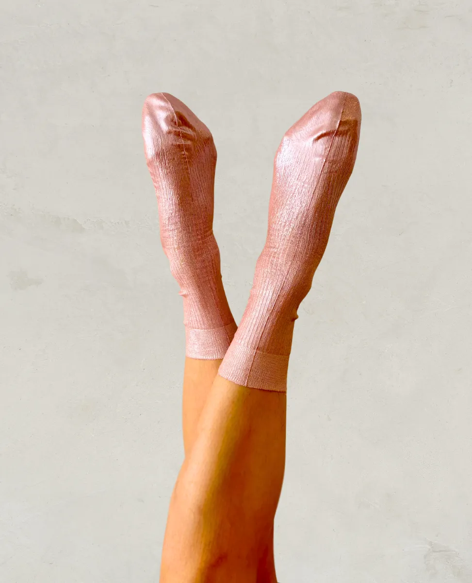 Maria La Rosa Pale Pink Metallic Silk Socks sold by COCLICO