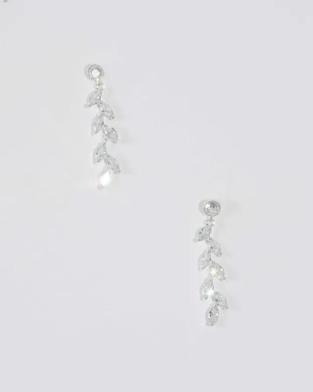 Silver Diamante Stud Leaf Drop Earrings sold by Collete Hayman
