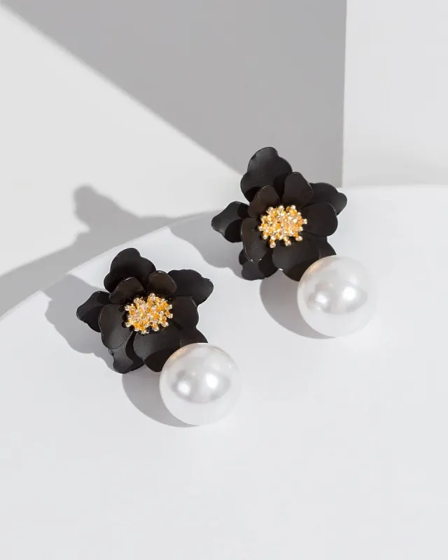 Black Flower And Pearl Drop Detail Earrings sold by Collete Hayman