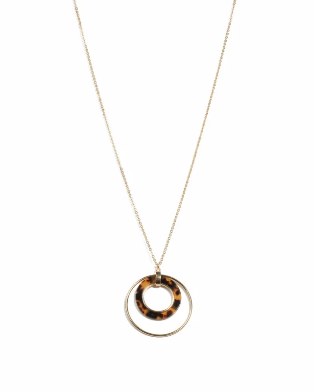 Tortoise Shell Gold Tone Acrylic Disk Pendant Long Necklace sold by Collete Hayman