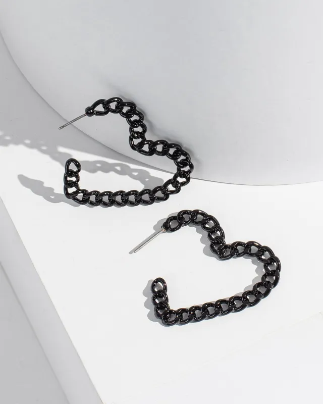 Black Curb Chain Heart Hoop Earrings sold by Collete Hayman