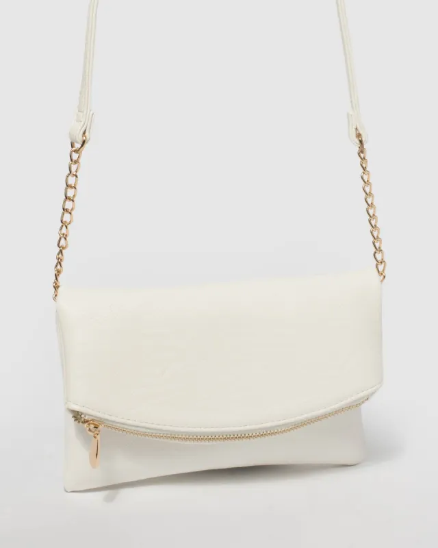 White Smooth Zoe Foldover Clutch Bag With Gold Hardware sold by Collete Hayman