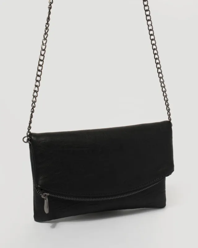 Black Smooth Zoe Foldover Clutch Bag With Gunmetal Hardware sold by Collete Hayman