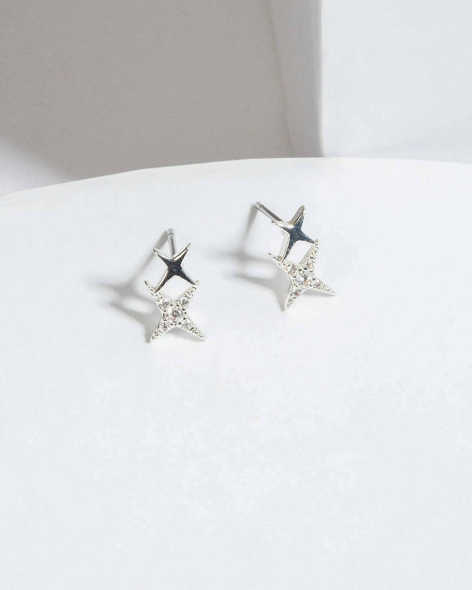 Silver Cubic Zirconia Double Star Stud Earrings sold by Collete Hayman