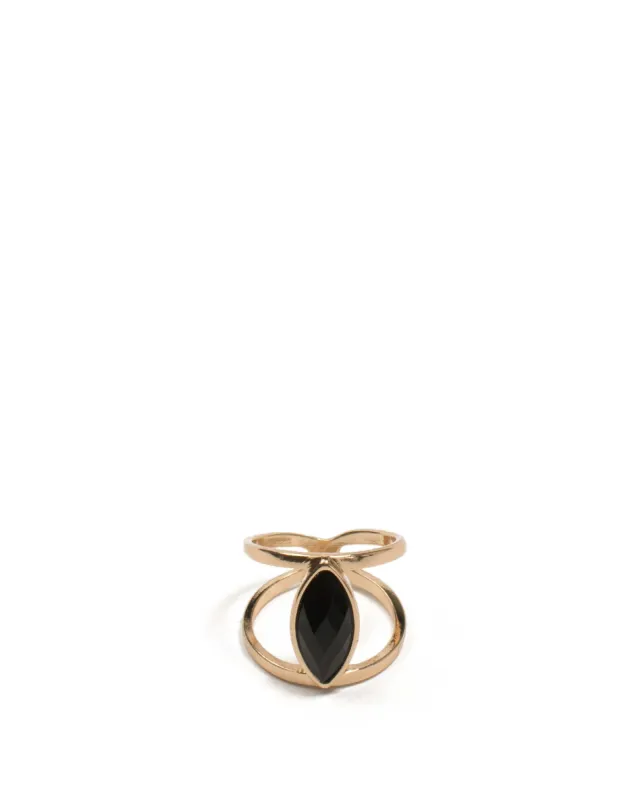 Black Gold Tone Marquise Stone Double Row Ring - Medium sold by Collete Hayman