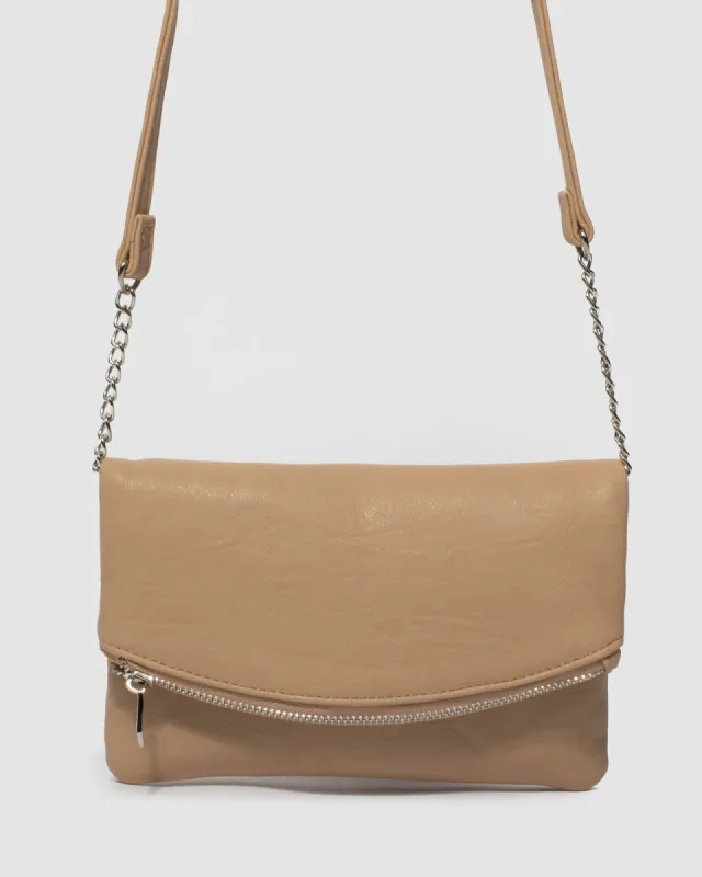 Beige Zoe Fold Over Clutch Bag sold by Collete Hayman