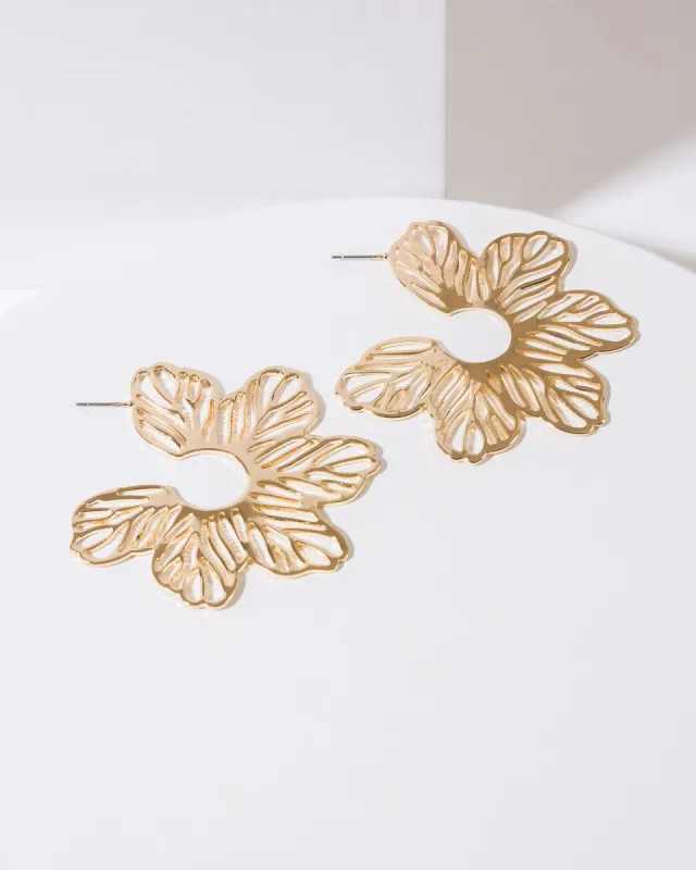 Gold Flat Flower Statement Earrings sold by Collete Hayman