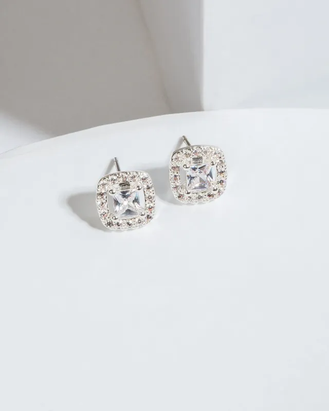 Silver Cubic Zirconia Crystal With Square Ring Earrings sold by Collete Hayman