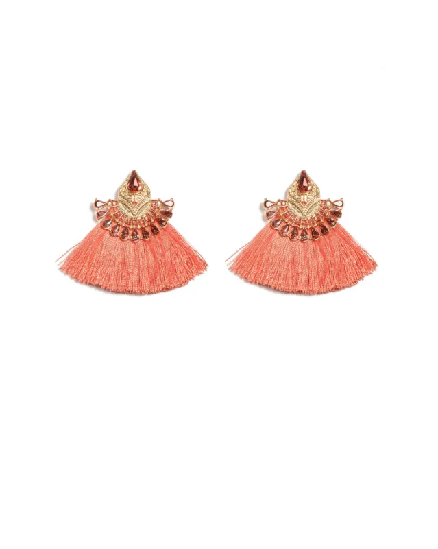 Coral Gold Tone Teardrop Stone Tassel Statement Earrings sold by Collete Hayman