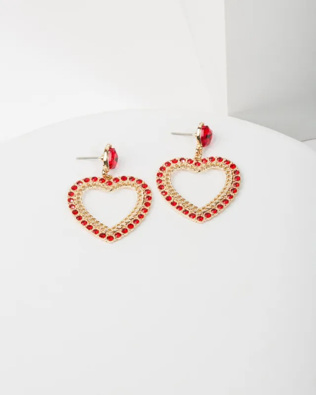 Red Crystal & Chain Detail Love Heart Earrings sold by Collete Hayman