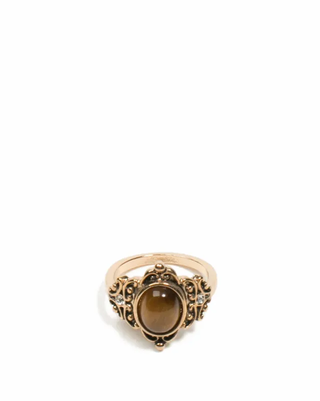 Brown Gold Tone Filigree Edge Cocktail Ring - Small sold by Collete Hayman