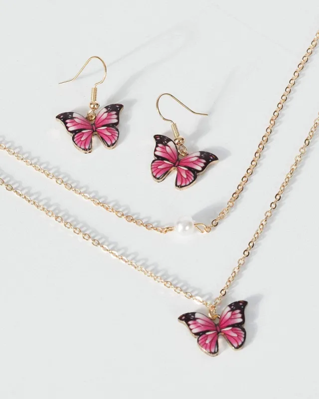 Pink Coloured Butterfly Earring Necklace Set sold by Collete Hayman