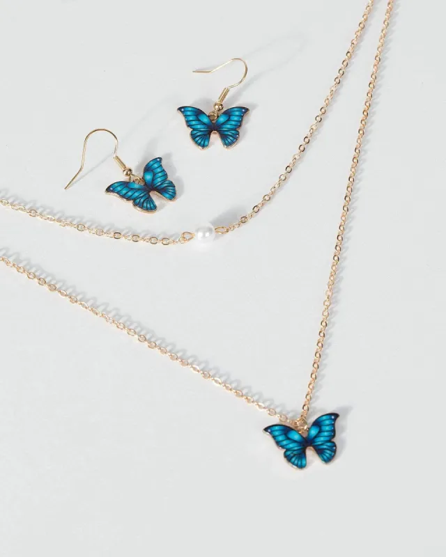 Blue Coloured Butterfly Earring Necklace Set sold by Collete Hayman