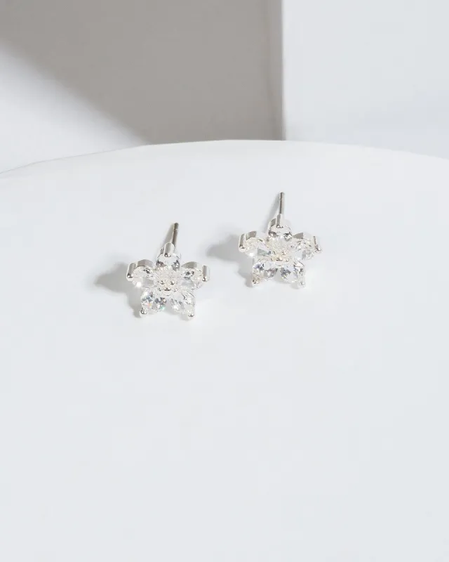 Silver Cubic Zirconia Crystal Flower Stud Earrings sold by Collete Hayman