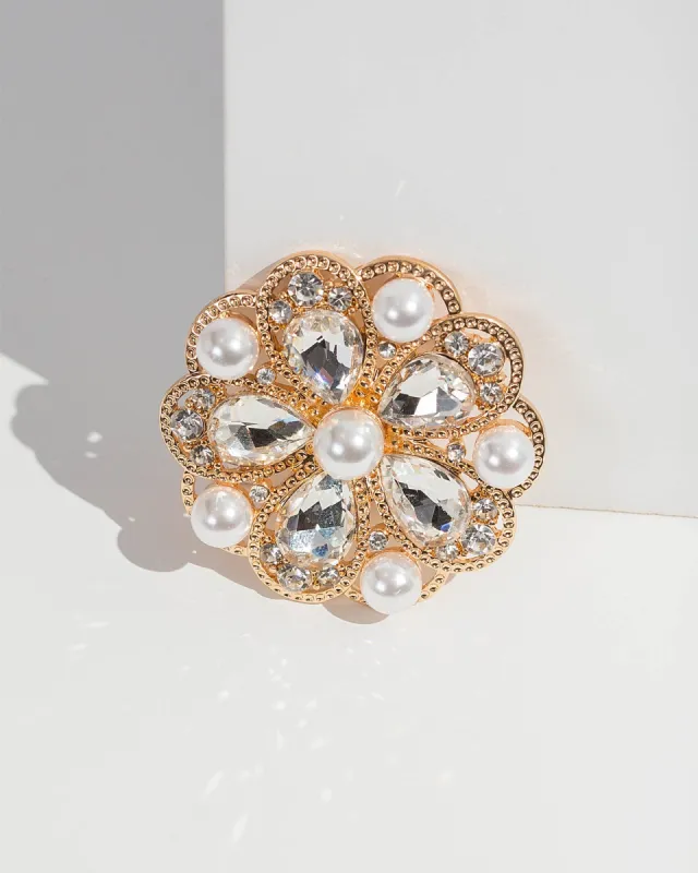 Gold Pearl And Crystal Flower Brooch sold by Collete Hayman