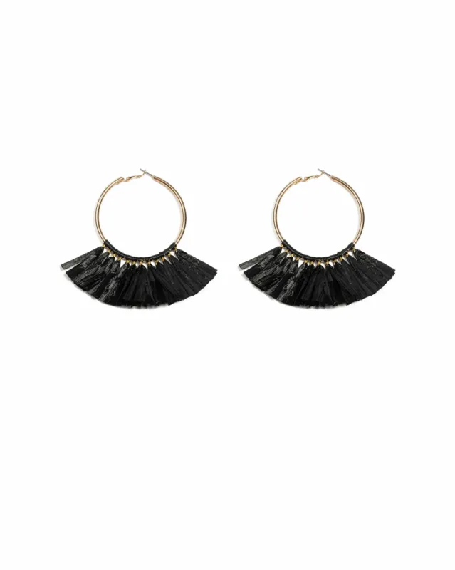 Black Gold Tone Raffia Tassel Hoop Earrings sold by Collete Hayman