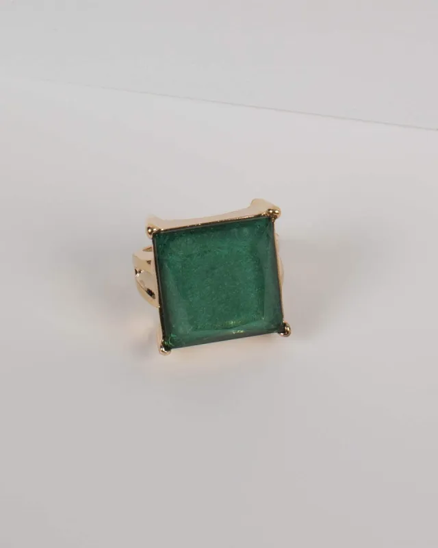 Green Gold Tone Large Square Stone Cocktail Ring - Large sold by Collete Hayman