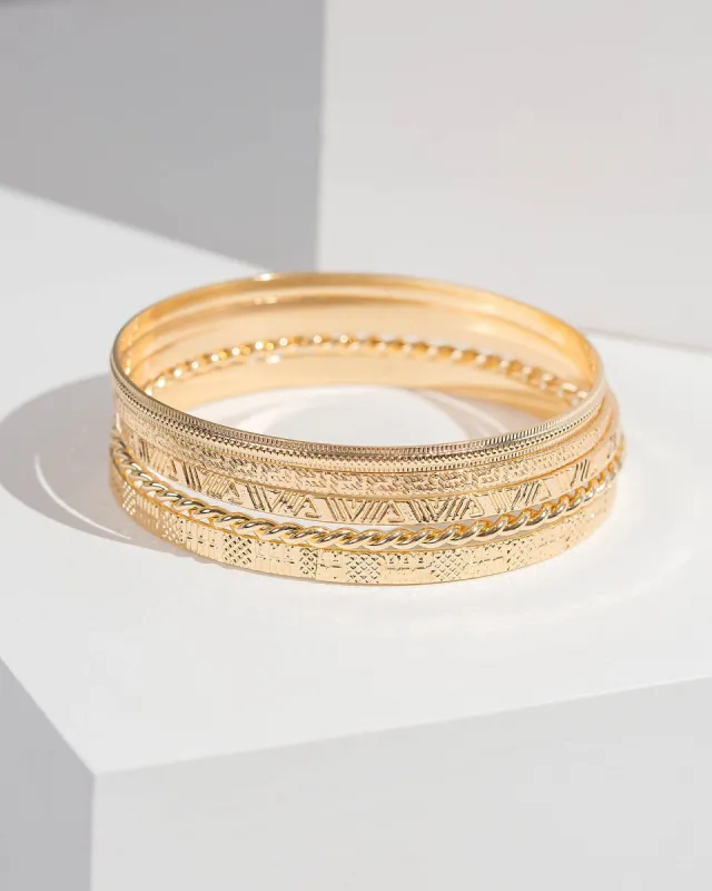 Gold Multi Pack Pattern Detail Bangle sold by Collete Hayman