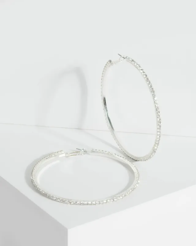 Silver Large Diamante Encrusted Thin Hoop Earrings sold by Collete Hayman