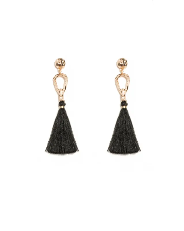 Black Gold Tone Metal Loop Tassel Statement Earrings sold by Collete Hayman