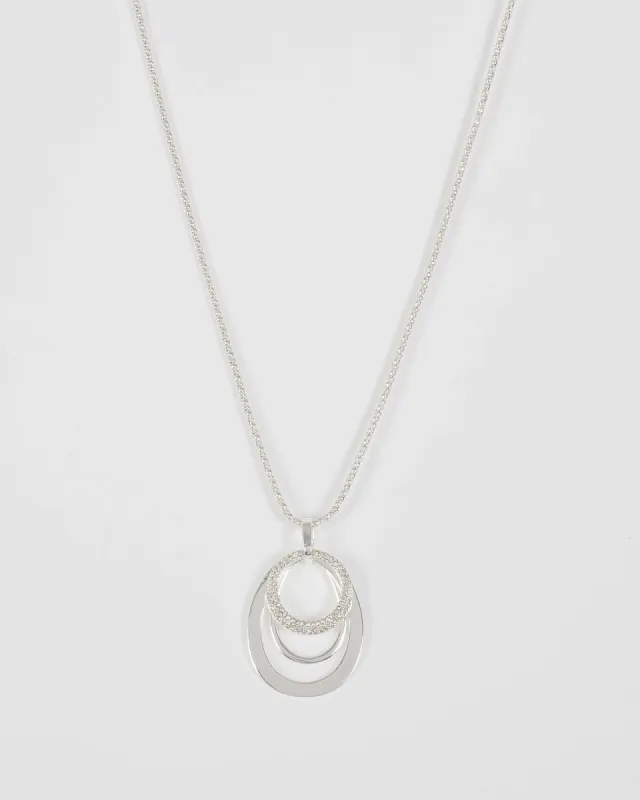 Crystal Silver Tone Oval Pave Circle Pendant Necklace sold by Collete Hayman