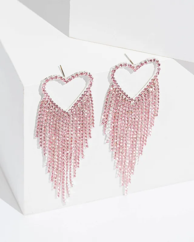 Pink Crystal Love Heart Tassel Drop Earrings sold by Collete Hayman