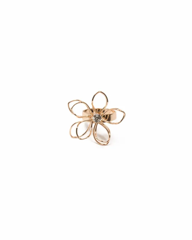 Crystal Gold Tone Metal Flower Cocktail Ring - Medium sold by Collete Hayman