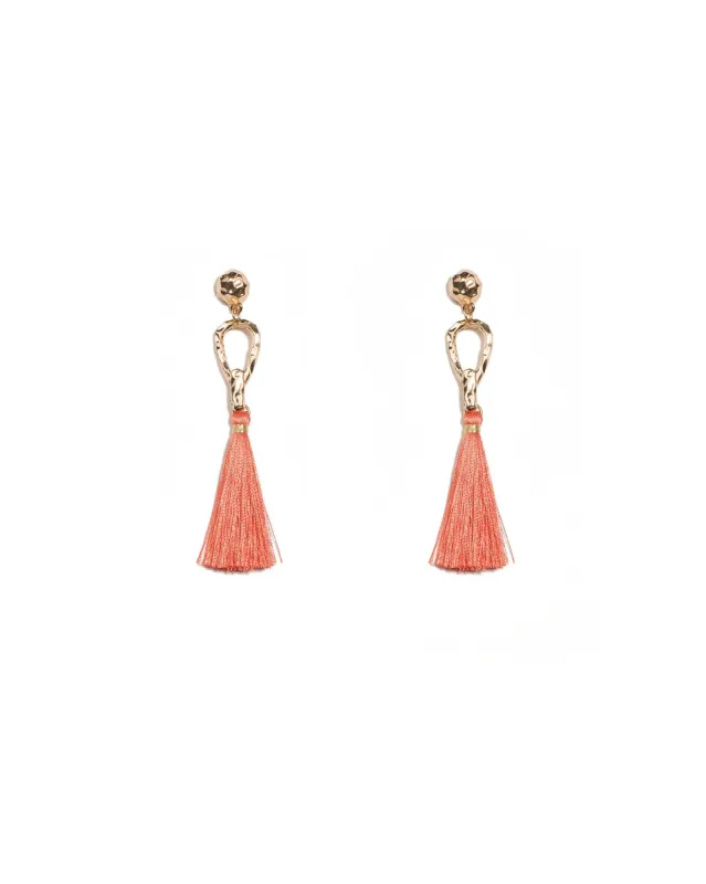 Coral Gold Tone Metal Loop Tassel Statement Earrings sold by Collete Hayman