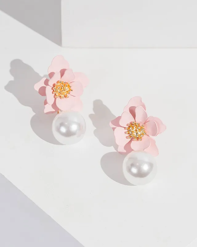 Pink Flower And Pearl Drop Detail Earrings sold by Collete Hayman