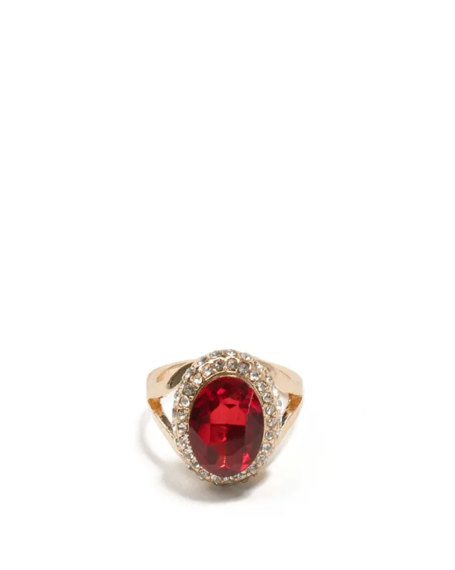 Red Gold Tone Diamante Pave Stone Cocktail Ring - Medium sold by Collete Hayman