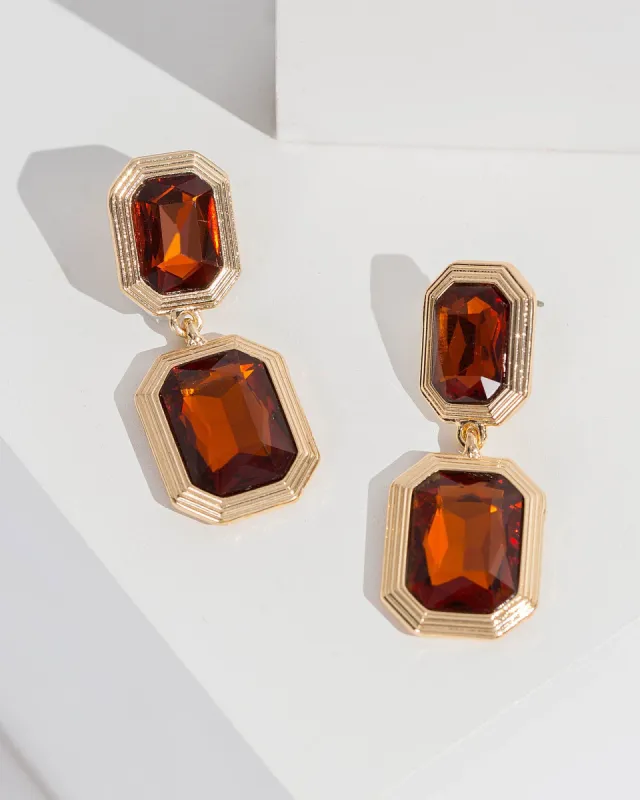 Brown Double Octagon Crystal Drop Earrings sold by Collete Hayman