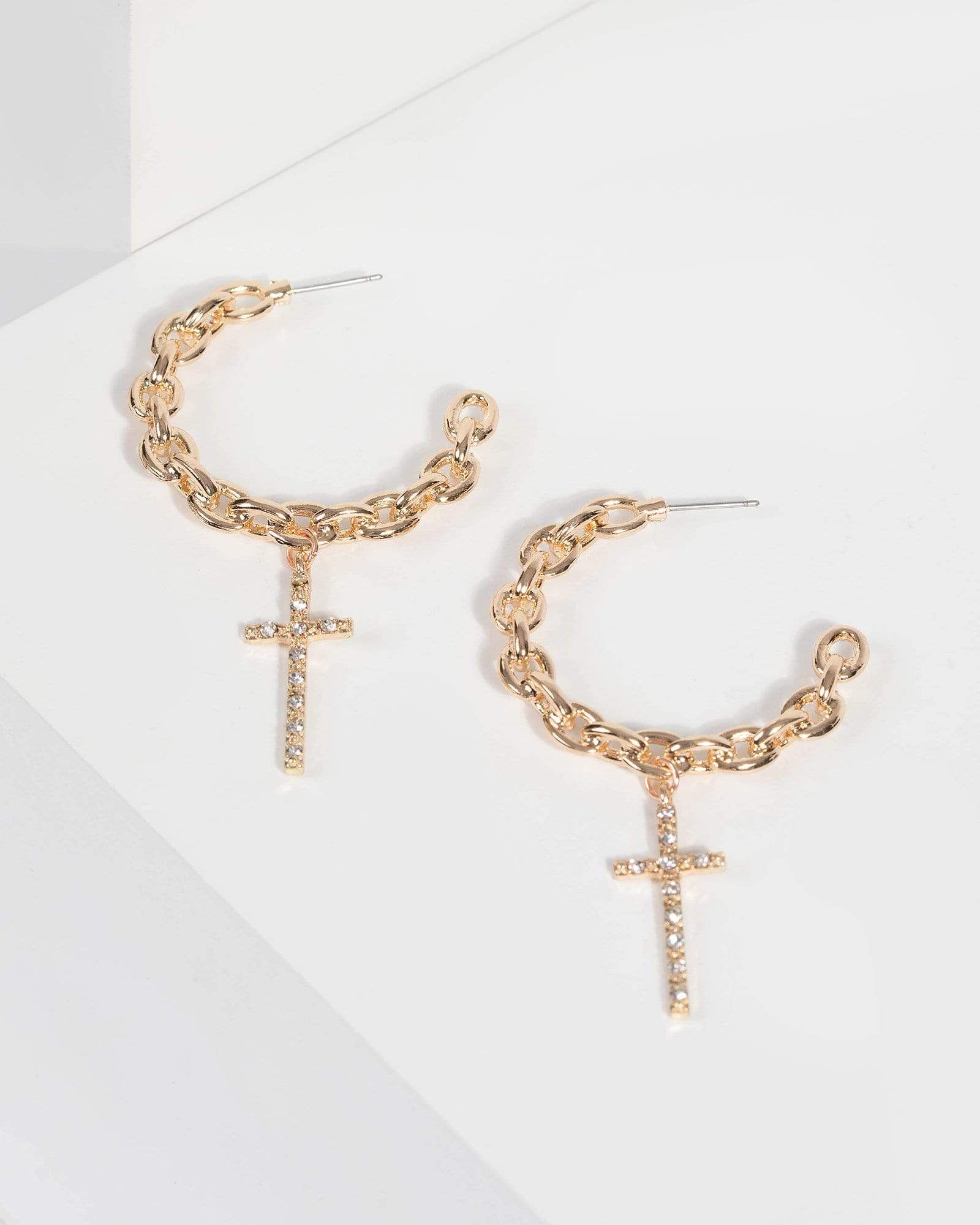Gold Chain Hoop with Cross Earrings sold by Collete Hayman
