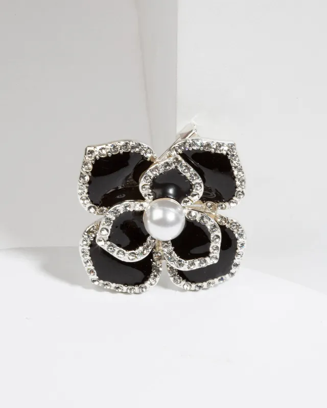 Black Crystal & Pearl Flower Brooch sold by Collete Hayman