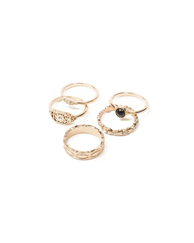 Black Gold Tone Patterned Diamante Stone Ring Pack - Large sold by Collete Hayman