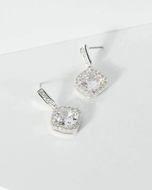 Silver Cubic Zirconia Rounded Square Drop Earrings sold by Collete Hayman