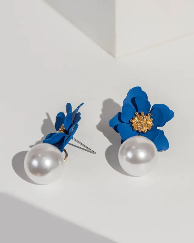 Blue Flower And Pearl Drop Detail Earrings sold by Collete Hayman