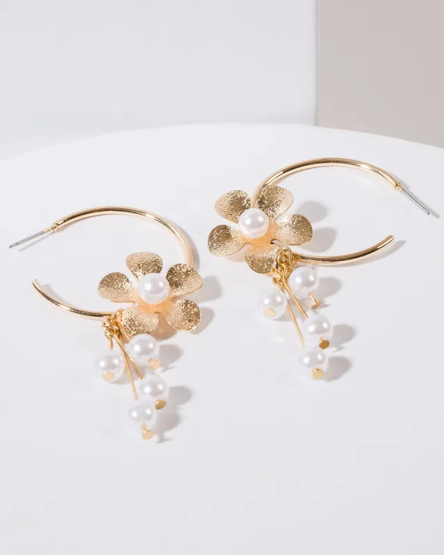 White Beaded Flowers Hoop Earrings sold by Collete Hayman
