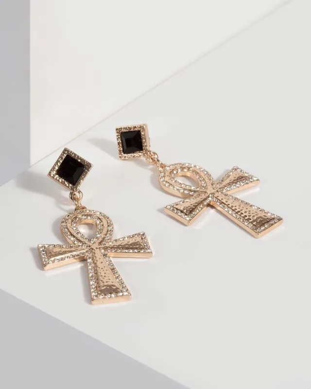 Gold Cleopatra Crystal Cross Drop Earrings sold by Collete Hayman