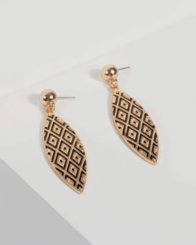 Gold Black Leaf Drop Earrings sold by Collete Hayman